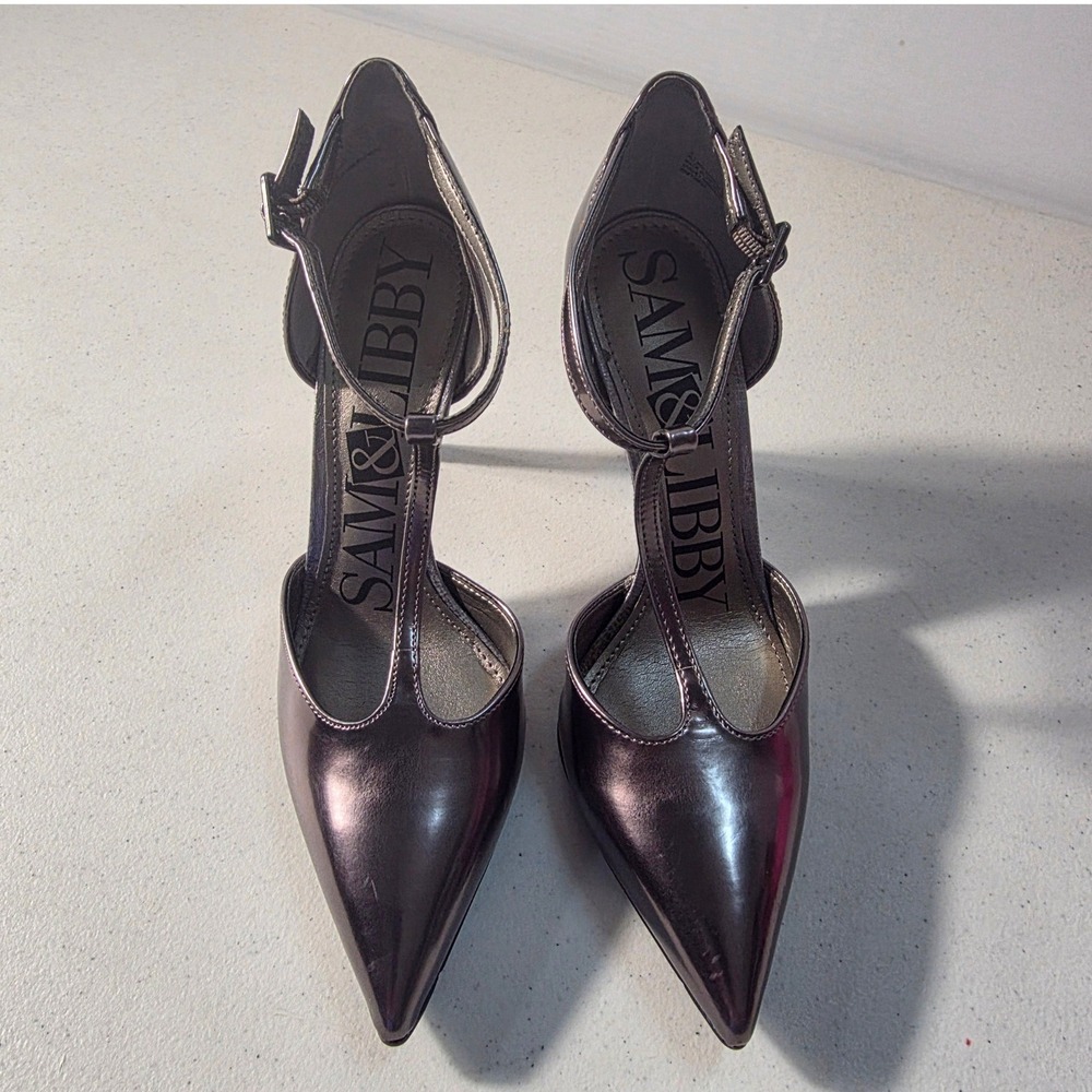 Sam & Libby Metallic Gunmetal T-Strap Pointed Toe Stiletto Pumps Size 8